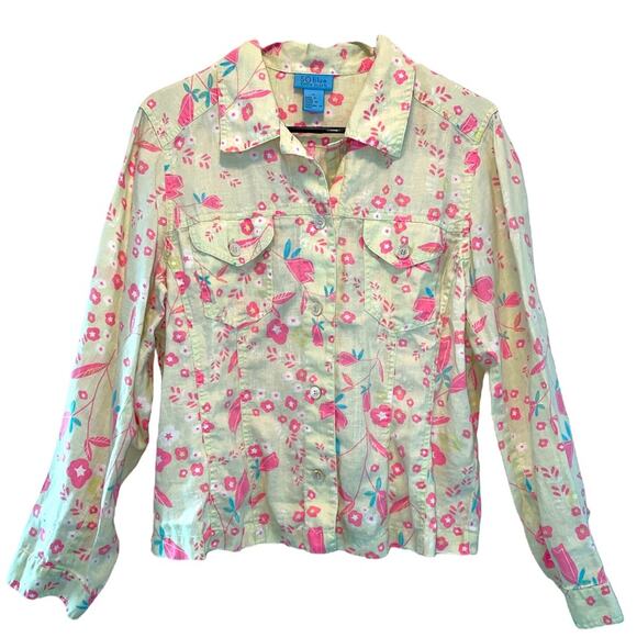 Sigrid Olsen So Blue Yellow Floral Print Button Front Vintage Shirt size Large - Picture 1 of 10